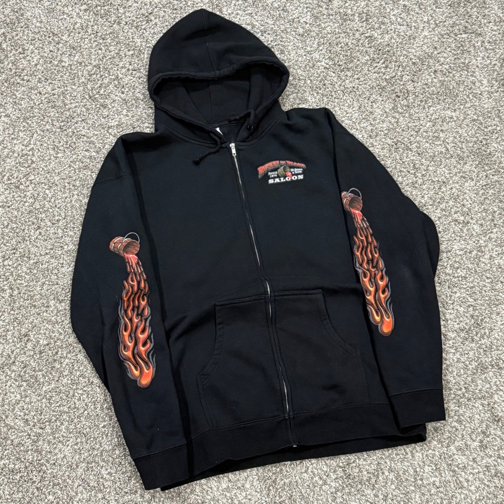 Y2K Bucket of Blood Saloon Flame Sleeves Zip Up Hoodie Nevada Biker Skeleton XL